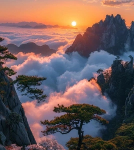 Sunrise over Sanqing Mountain sea of clouds