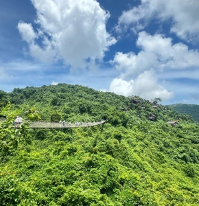 A panoramic view of Yalong Bay Tropical Paradise Forest Park surrounded by lush tropical mountains