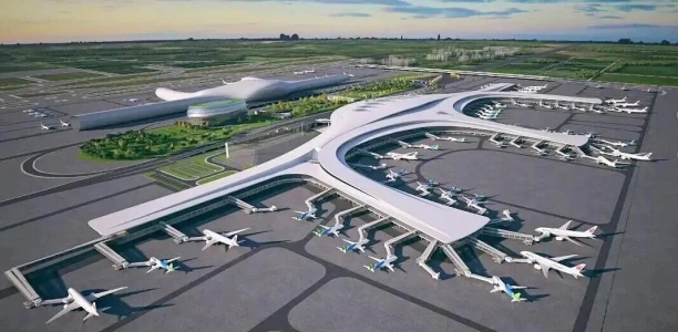 Aerial view of Nanning Wuxu International Airport terminal and aircraft parking area