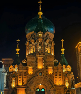 Saint Sophia Cathedral in Harbin illuminated at night