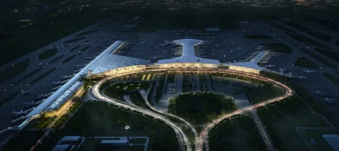 Night view of Tianjin Binhai International Airport terminal exterior