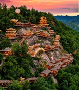 Vagoo (Wangxian Valley) aerial view at sunset in Shangrao Jiangxi