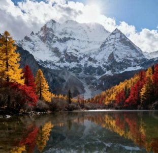 วิวหุบเขาปี้เผิงโกว ต้นไม้ฤดูใบไม้ร่วงและภูเขาหิมะ