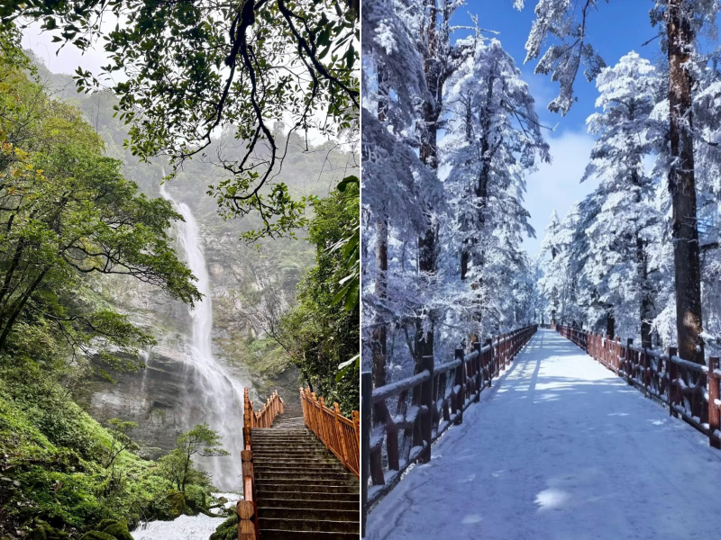 Wawu Mountain scenic view with waterfall and forest trails