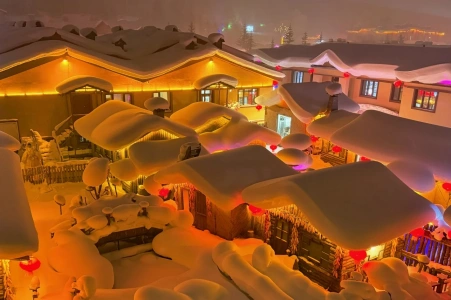 Snow Town night view covered in heavy snow