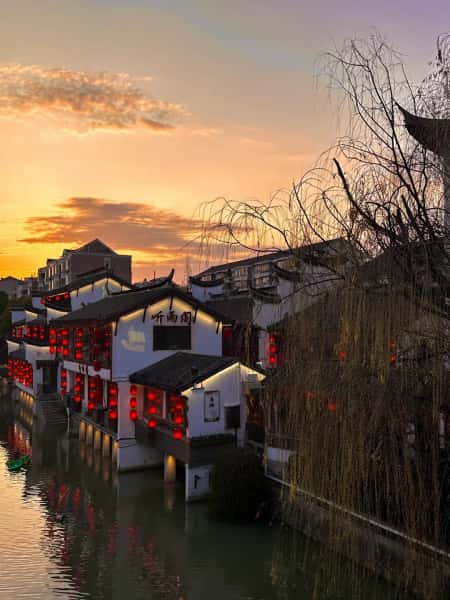 Qibao Ancient Town at sunset with lanterns, Shanghai, China