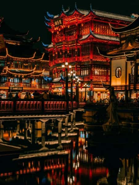Yuyuan Garden illuminated at night, a classic Chinese garden in Shanghai, China