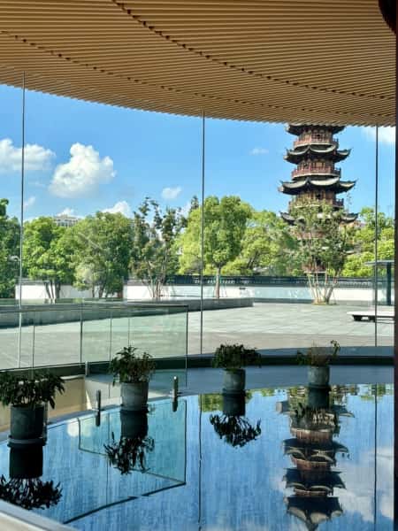 Longhua Temple pagoda view through glass, Shanghai, China