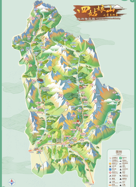 Illustrated map showing the routes and scenic spots of Mount Siguniang.