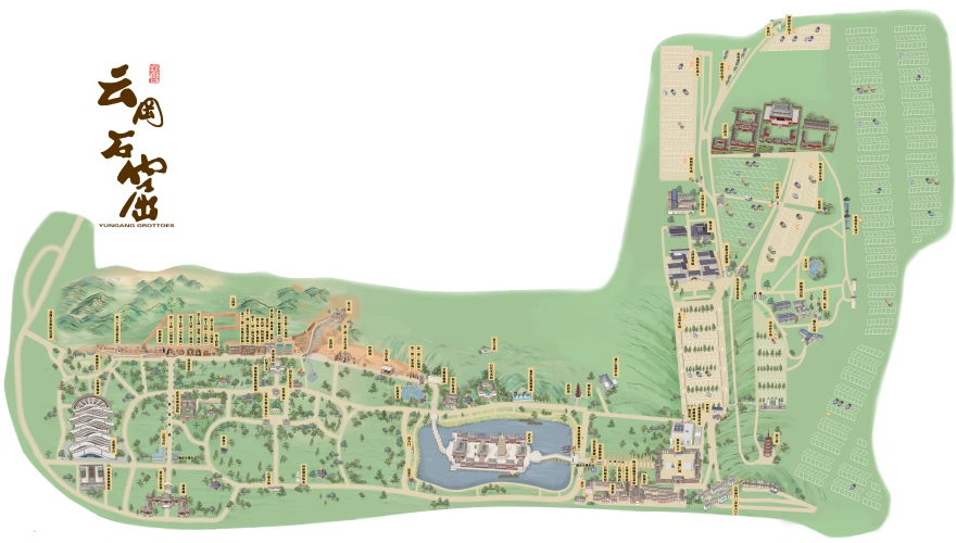 Map of Yungang Grottoes scenic area with cave locations