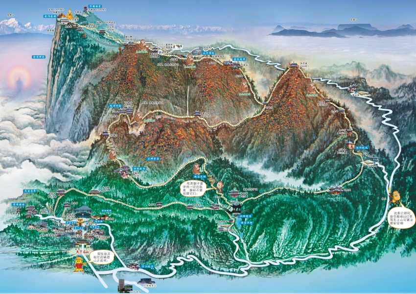Illustrated tourist map of Mount Emei hiking and temple areas