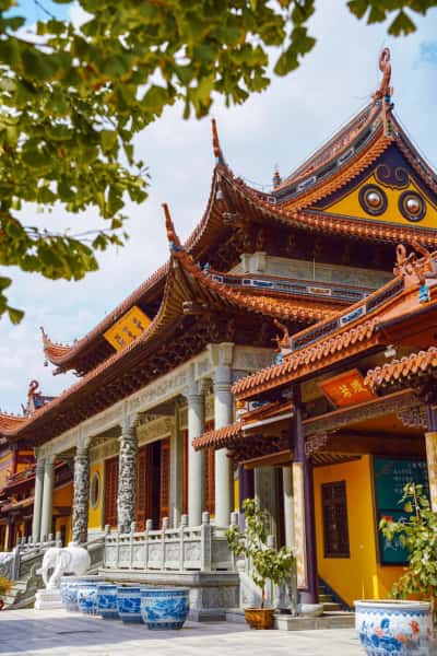 Ten Thousand Buddhas Hall with intricate temple architecture, Shanghai, China