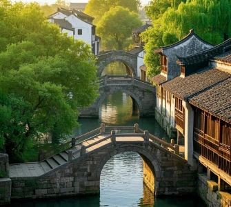Twin Bridges in Zhouzhuang Water Town with stone arches