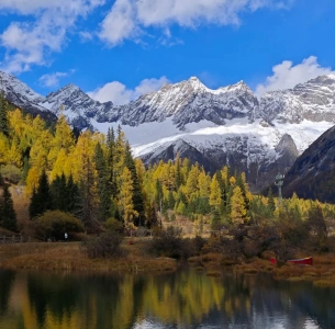 Shuangqiao Valley in autumn with golden larches and snow-capped mountains in the background.