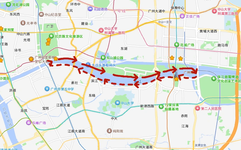 天字碼頭出發的珠江夜遊船航線圖