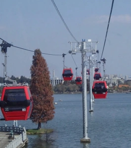 Red cable cars over Dianchi Lake to Xishan Mountain