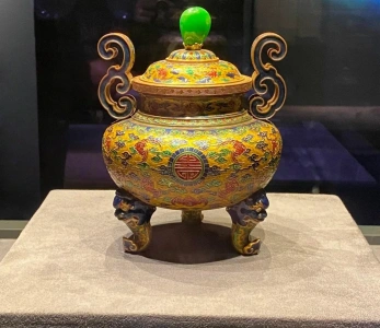 Ancient Chinese cloisonné incense burner displayed in Zhenhai Tower at Guangzhou Museum