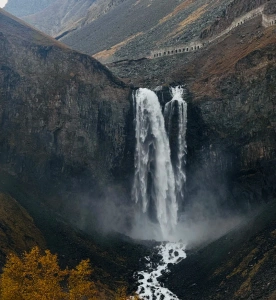 Changbai Mountain waterfall flowing through steep cliffs