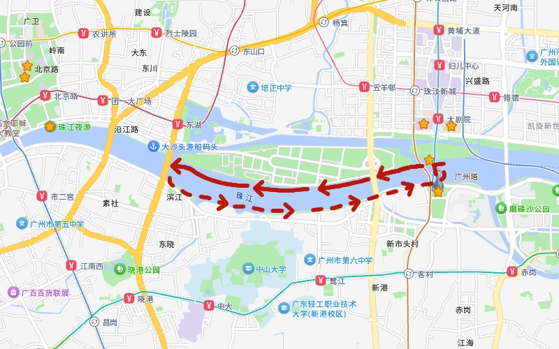 海心沙西區碼頭出發的珠江夜遊船航線圖
