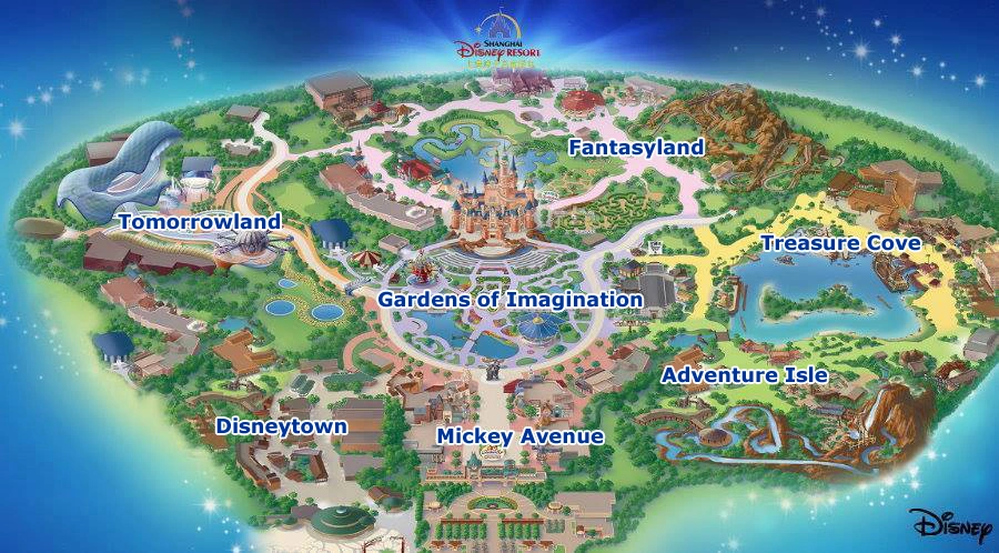 Map of Shanghai Disneyland Park with themed lands labeled