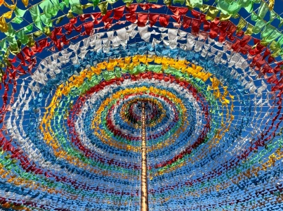 Giant Tibetan prayer flags in Dukezong Ancient Town