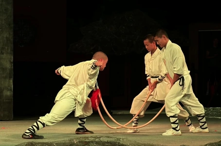 Shaolin monks demonstrating martial arts with wooden rings