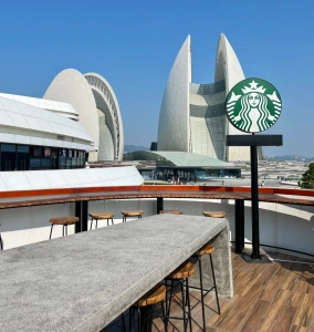Starbucks terrace with a view of the Zhuhai Opera House shells