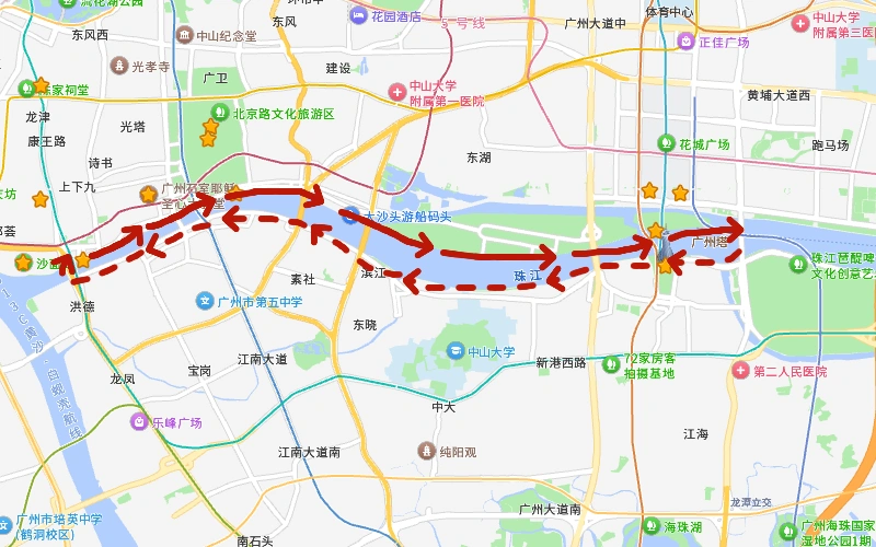 西堤碼頭出發的珠江夜遊船航線圖