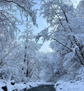 Snow-covered rime forest with winter river in Changbai Mountain