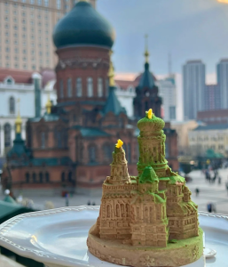 Saint Sophia Cathedral themed dessert with cathedral view in Harbin