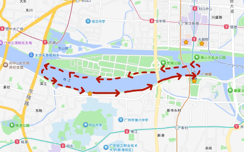 中大碼頭出發的珠江夜遊船航線圖