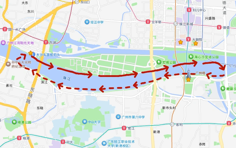 大沙頭碼頭出發的珠江夜遊船航線圖