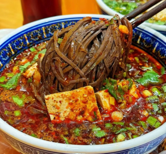 Local Shaanxi noodles and tofu in spicy sauce near Huaqing Palace
