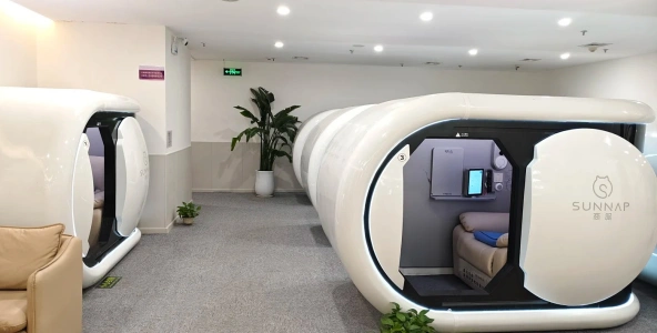 Capsule rest pods for travelers inside Tianjin Airport