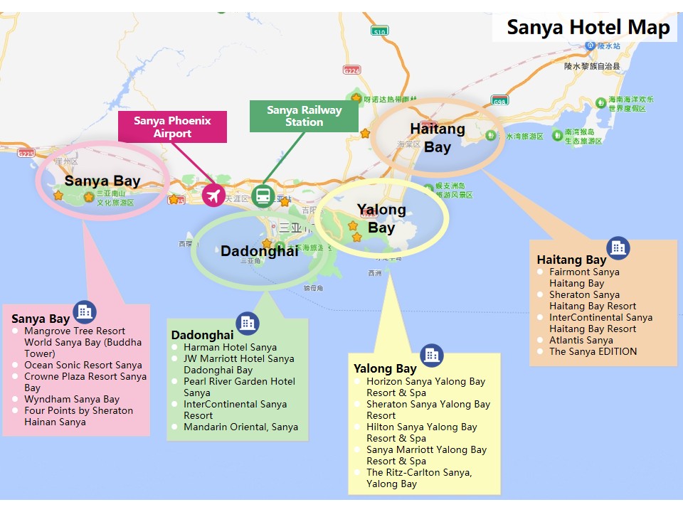 Sanya Hotel Map showing Yalong Bay, Haitang Bay, Dadonghai, and Sanya Bay with nearby hotels, Sanya Phoenix Airport, and Sanya Railway Station