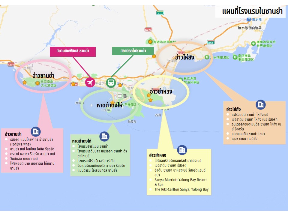 แผนที่โรงแรมในซานย่า แสดงอ่าวย่าหลง อ่าวไห่ถัง หาดต้าตงไห่ และอ่าวซานย่า พร้อมโรงแรมใกล้เคียง สนามบินฟีนิกซ์ซานย่า และสถานีรถไฟซานย่า