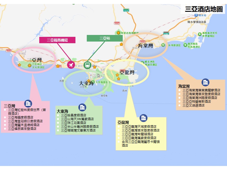 三亞酒店地圖:標示亞龍灣、海棠灣、大東海與三亞灣位置,附鄰近飯店、三亞鳳凰機場與三亞站