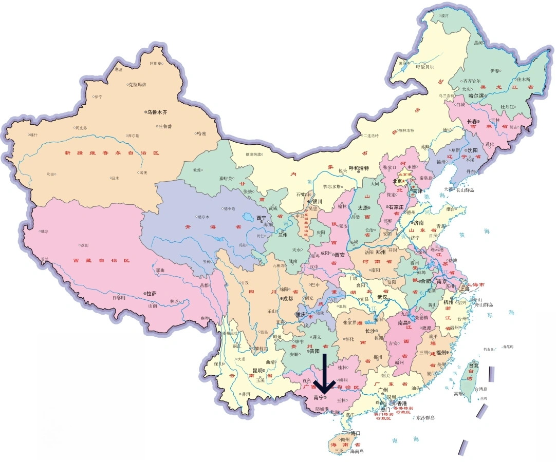 中国における南寧の位置地図