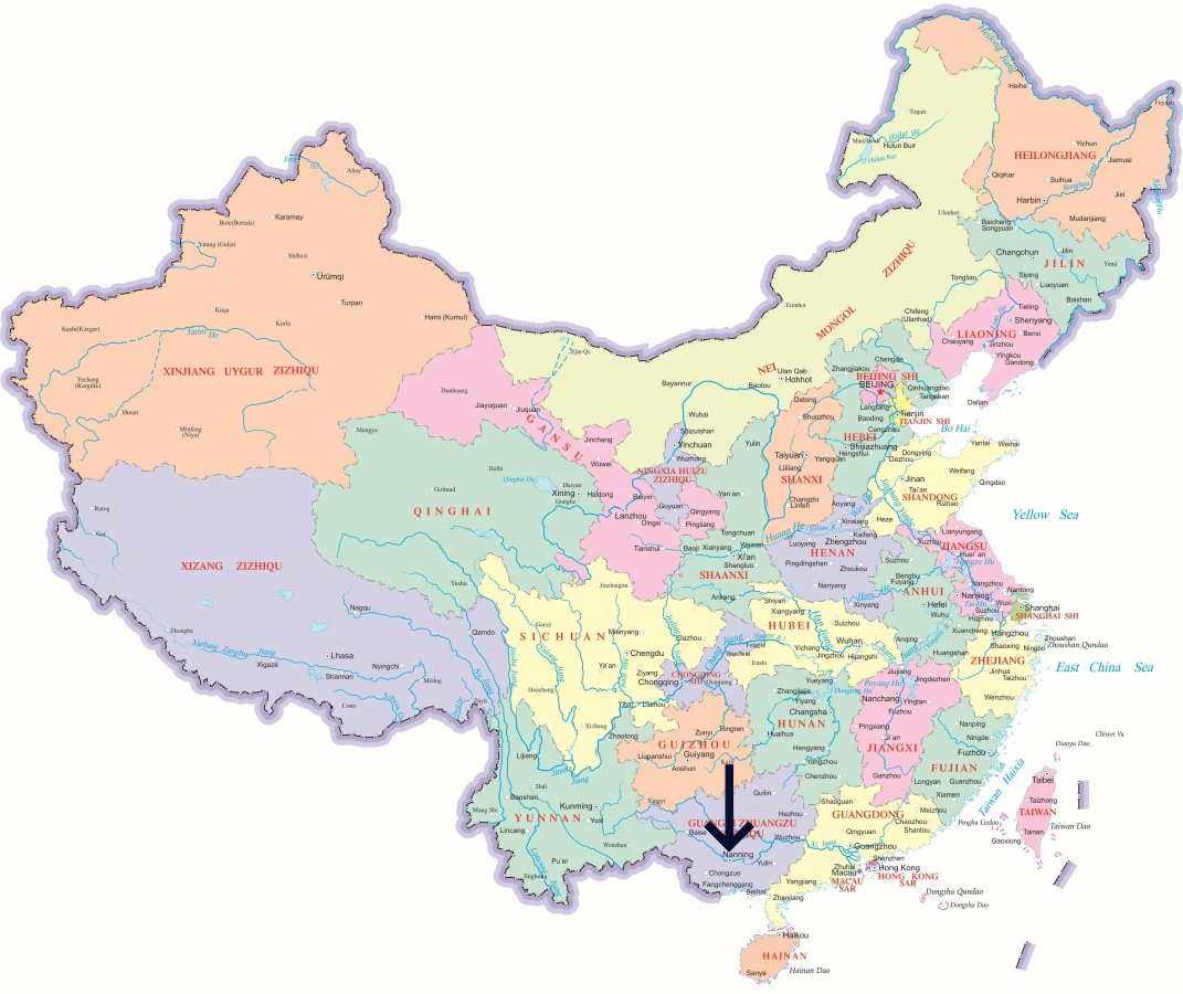 중국 내 난닝 위치 지도