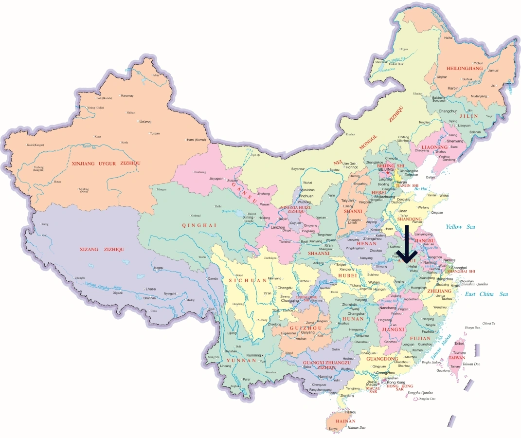 중국 내 허페이 위치 지도