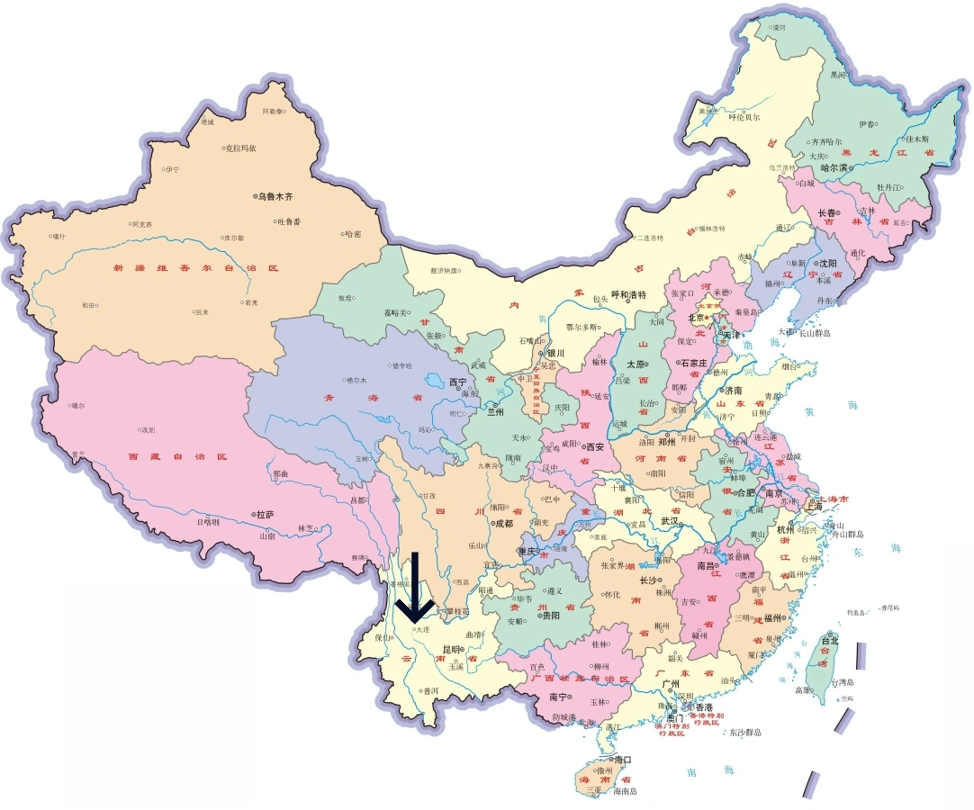 中国における大理ペー族自治州の位置地図