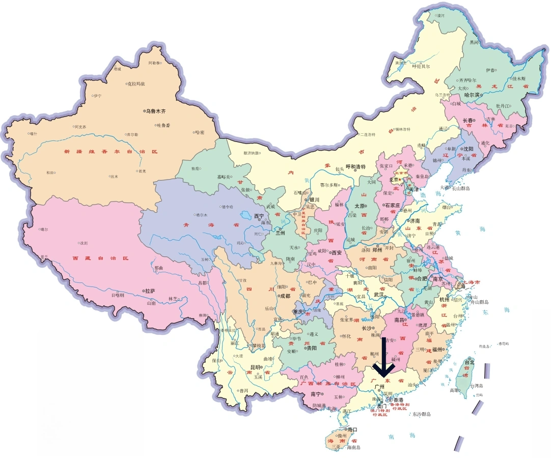 中国における広東省の位置