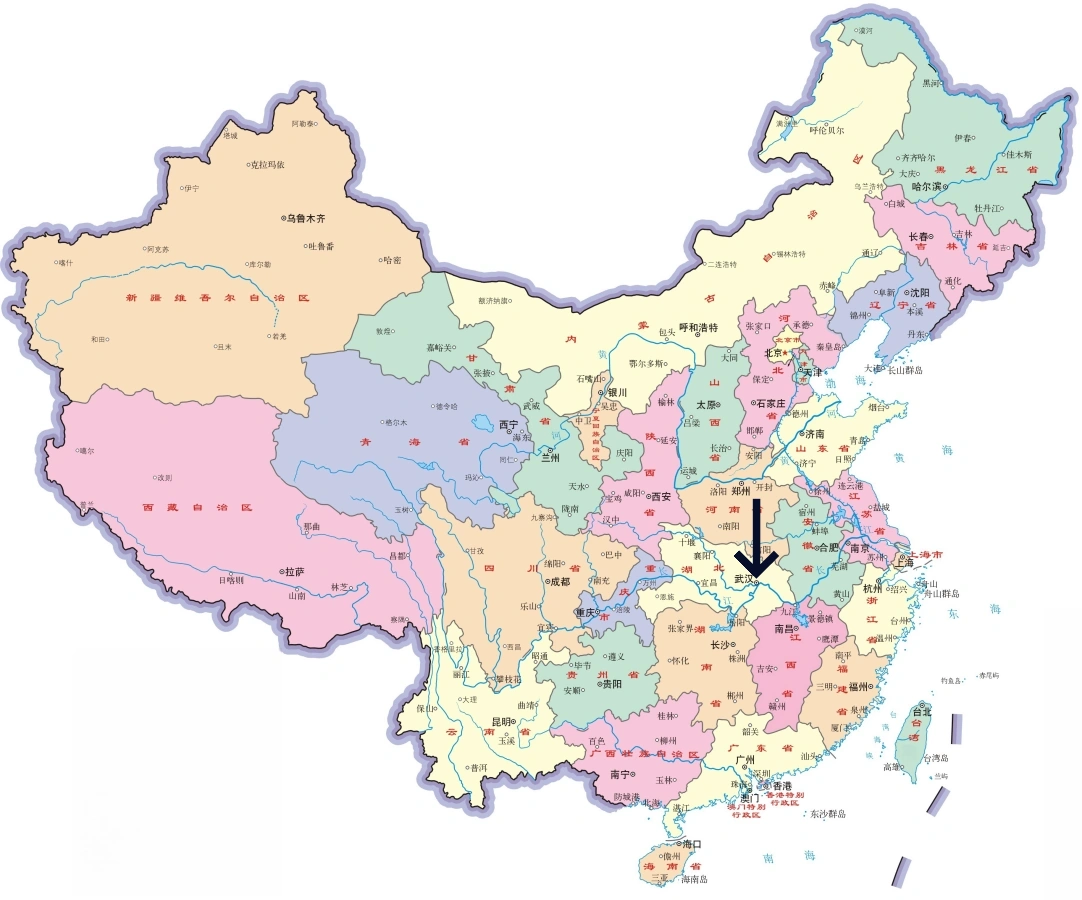 中国における武漢の位置地図