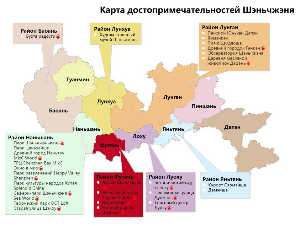 Карта туристических достопримечательностей по районам Шэньчжэня