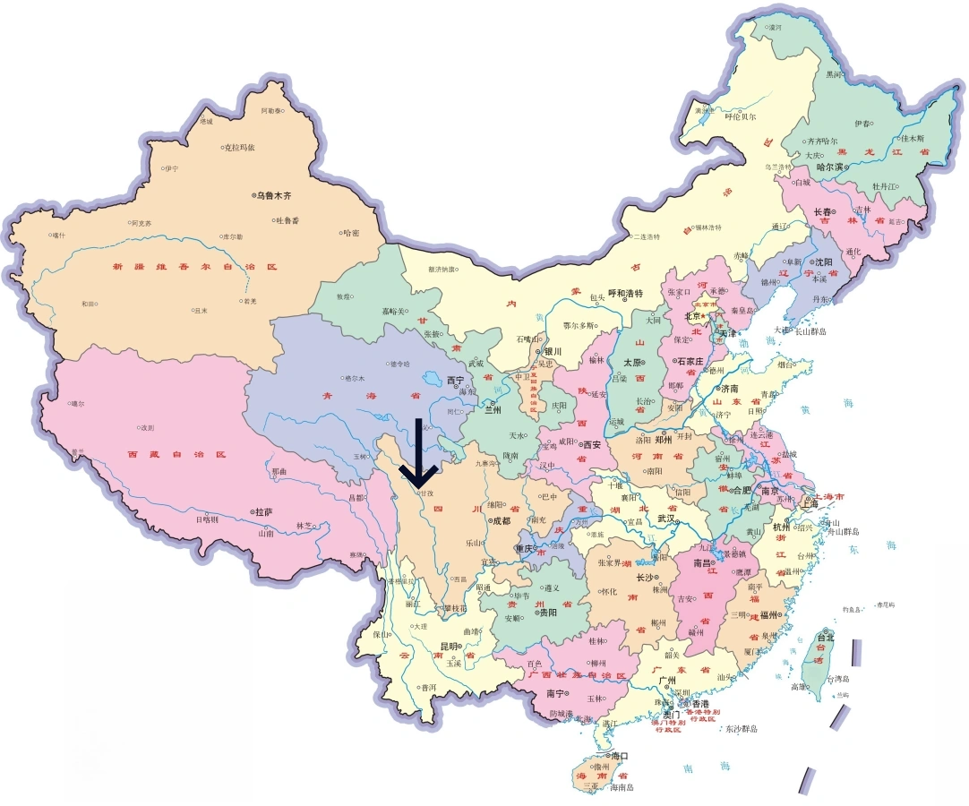 中国における甘孜チベット族自治州の位置地図