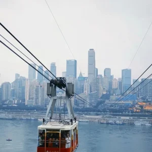 Aerial view of Yangtze River Cableway crossing the river
